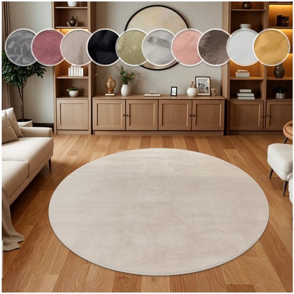 Paco Home Fellteppich Kunstfell Soft 380, rund, Höhe: 14 mm, Langflor, Kuschelteppich - besonders weich, Uni-Farben
