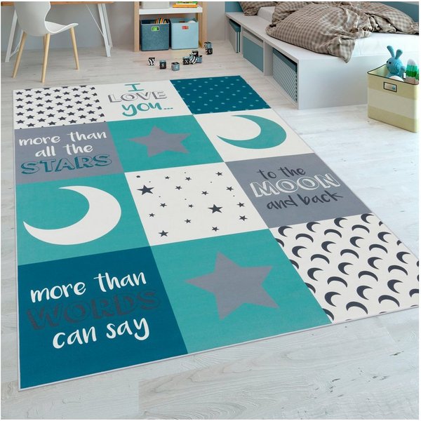 Paco Home Kinderteppich Aleyna 101, rechteckig, Höhe: 6 mm, Kurzflor, Kinder Design, Motiv Mond & Sterne, Kinderzimmer