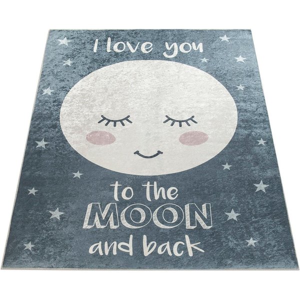 Paco Home Kinderteppich Aleyna 103, rechteckig, Höhe: 6 mm, Kinder Design, niedliches Mond Motiv mit Schriftzug, Kinderzimmer