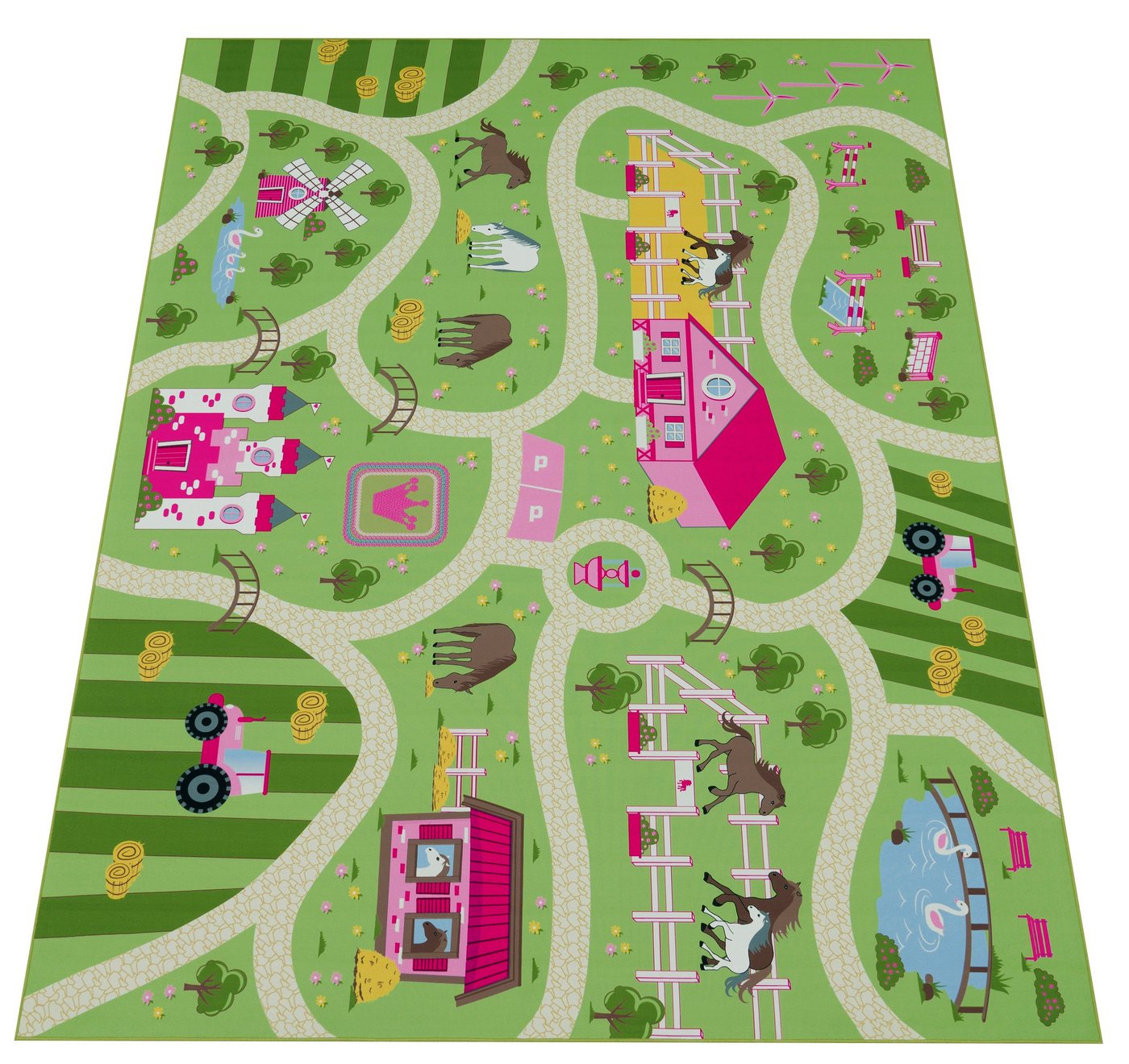 Paco Home Kinderteppich Bino 560, rechteckig, Höhe: 4 mm, Kurzflor, Straßen-Spiel-Teppich, Motiv Bauernhof, Kinderzimmer – Bild 2 von 5