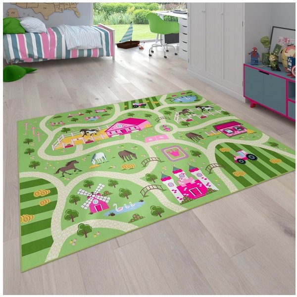 Paco Home Kinderteppich Bino 560, rechteckig, Höhe: 4 mm, Kurzflor, Straßen-Spiel-Teppich, Motiv Bauernhof, Kinderzimmer