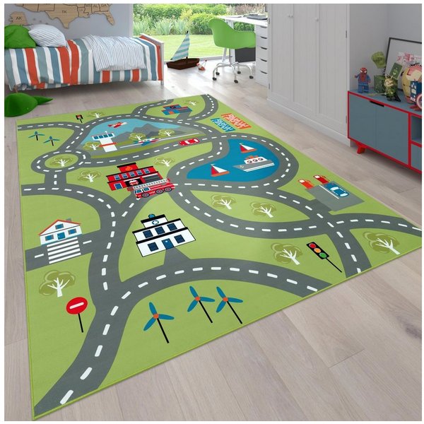 Paco Home Kinderteppich Bino 562, rechteckig, Höhe: 4 mm, Kurzflor, Straßen-Spiel-Teppich, Motiv Flughafen, Kinderzimmer