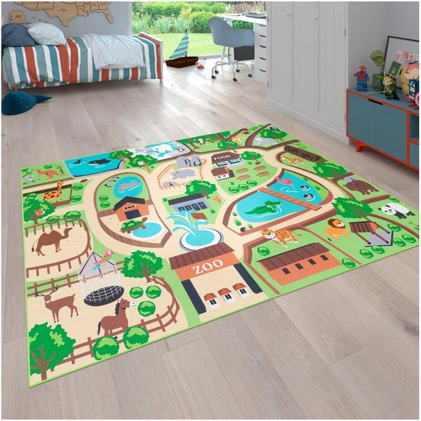 Paco Home Kinderteppich Bino 563, rechteckig, Höhe: 4 mm, Kurzflor, Straßen-Spiel-Teppich, Motiv Zoo, Kinderzimmer