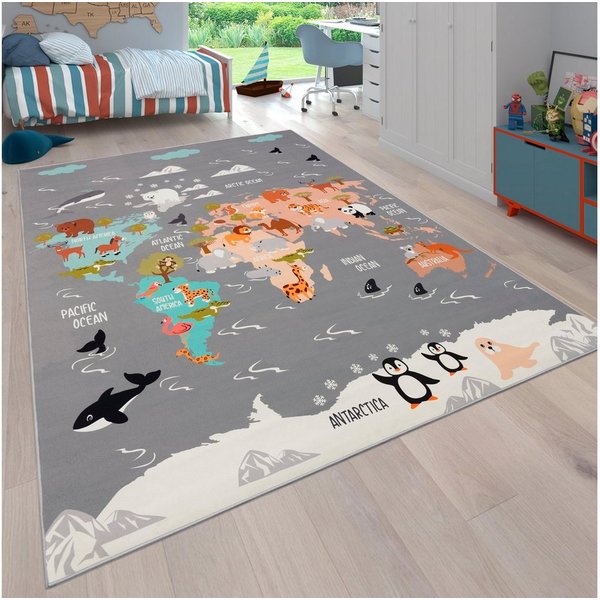 Paco Home Kinderteppich Bino 581, rechteckig, Höhe: 4 mm, Spielteppich, Motiv Weltkarte & Tiere, Kinderzimmer