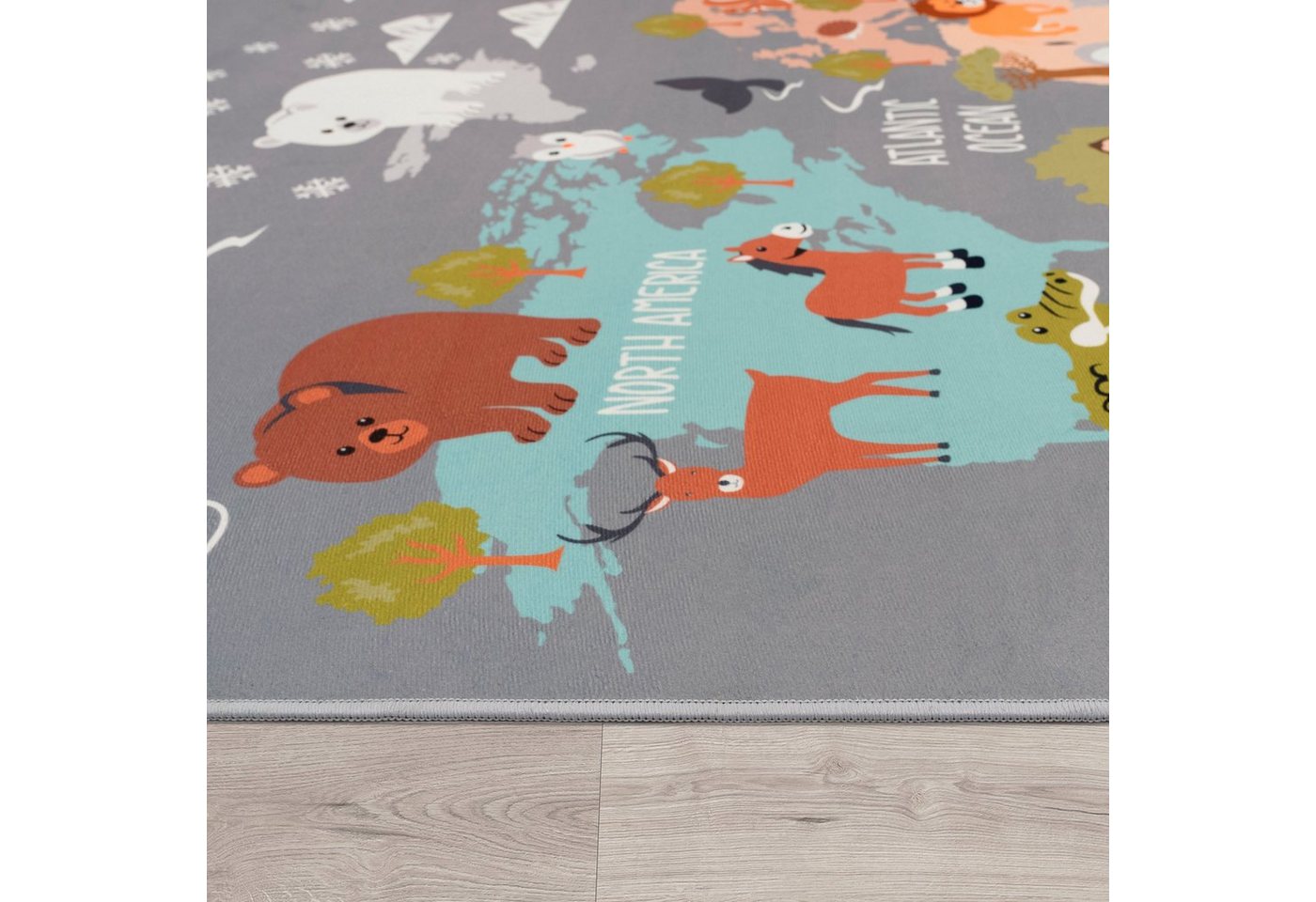 Paco Home Kinderteppich Bino 581, rechteckig, Höhe: 4 mm, Spielteppich, Motiv Weltkarte & Tiere, Kinderzimmer – Bild 5 von 5