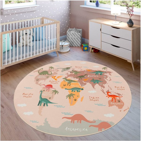 Paco Home Kinderteppich Bino 583, rund, Höhe: 4 mm, Spielteppich, Motiv Weltkarte & Dinosaurier, Kinderzimmer