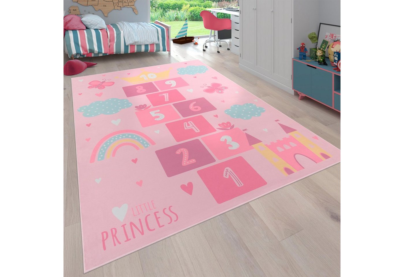Paco Home Kinderteppich Bino 585, rechteckig, Höhe: 4 mm, Spielteppich, Kurzflor, Motiv Regenbogen & Hüpfkästchen – Bild 2 von 5