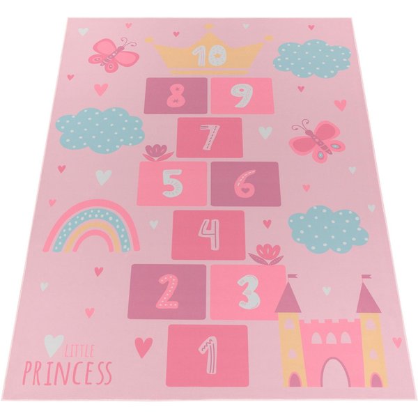 Paco Home Kinderteppich Bino 585, rechteckig, Höhe: 4 mm, Spielteppich, Kurzflor, Motiv Regenbogen & Hüpfkästchen