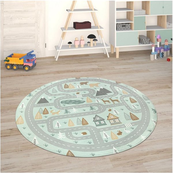 Paco Home Kinderteppich Chicos 550, rund, Höhe: 2 mm, Flachgewebe, Straßen-Spiel-Teppich, Kinderzimmer
