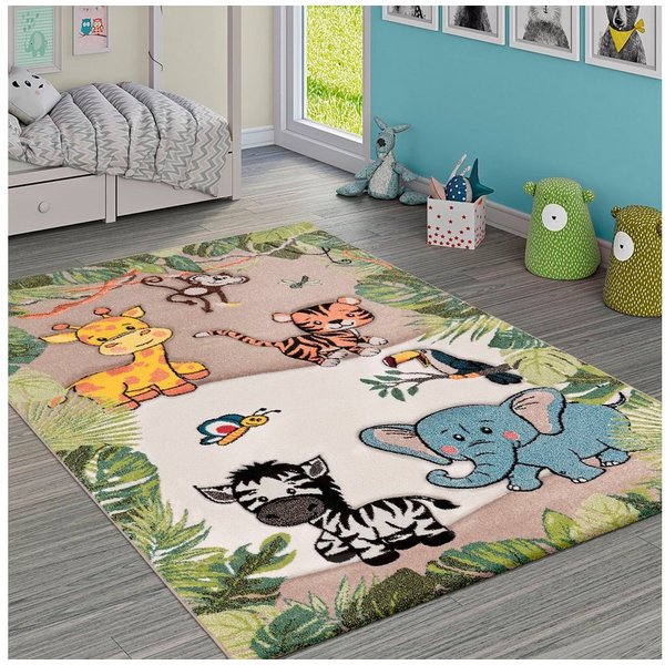 Paco Home Kinderteppich Diamond 644, rechteckig, Höhe: 18 mm, 3D-Design, Motiv Dschungel Tiere, Kinderzimmer, Kundenliebling