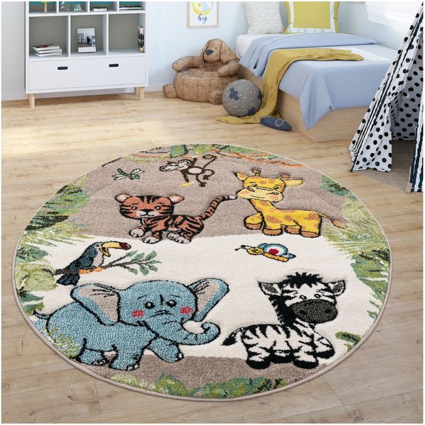 Paco Home Kinderteppich Diamond 644, rund, Höhe: 18 mm, 3D-Design, Motiv Dschungel Tiere, Kinderzimmer, Kundenliebling