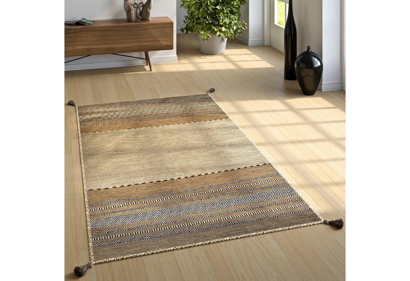 Paco Home Teppich Kilim 217, rechteckig, Höhe: 12 mm, handgewebter Wendeteppich, reine Baumwolle, gestreift, Wohnzimmer – Bild 5 von 5