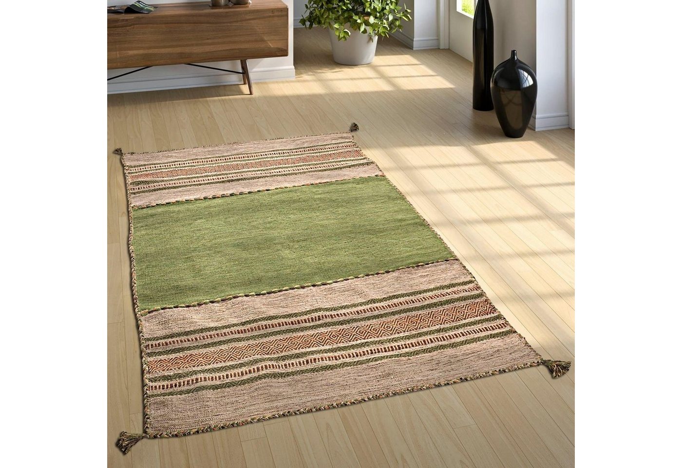 Paco Home Teppich Kilim 217, rechteckig, Höhe: 12 mm, handgewebter Wendeteppich, reine Baumwolle, gestreift, Wohnzimmer – Bild 5 von 5