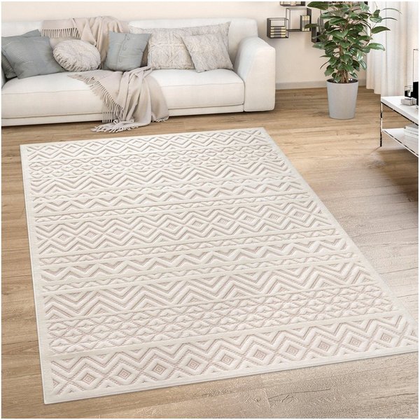 Paco Home Teppich Livorno 673, rechteckig, Höhe: 14 mm, Uni-Farben, Scandi, Rauten Muster, Hoch-Tief Effekt, Outdoor geeignet