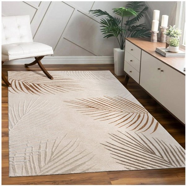 Paco Home Teppich Tuana 218, rechteckig, Höhe: 15 mm, Kurzflor, modernes Blätter Design, Hoch-Tief-Struktur, Wohnzimmer