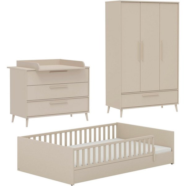 PAIDI Babymöbel-Set LITTLE FLO, 4-teiliges Kinderzimmer in Beige, hochwertiges Komplettset, (Spar-Set, 4-tlg., 120x200cm Bodenbett, Kleiderschrank 3-türig, Wick