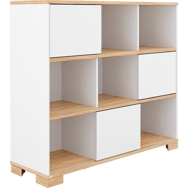 PAIDI Standregal YOLANDA in Weiß mit Eiche-Dekor, 9 Fächer mit 3 Schiebetüren, 127 cm Breite, langlebiges Regal aus Holz, Soft-Close