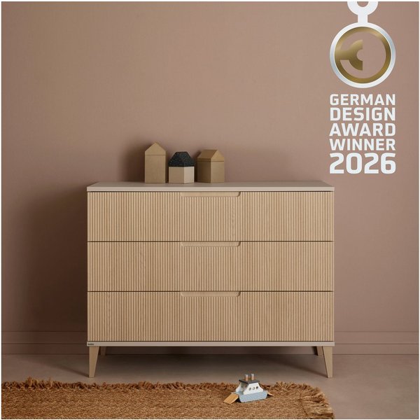 PAIDI Wickelkommode JONTE in Beige & Eichefarben, 3 Schubladen mit Soft-Close, Vollauszug, Kommode 124 cm Breite, Wickeltisch mit Massivholz-Füßen