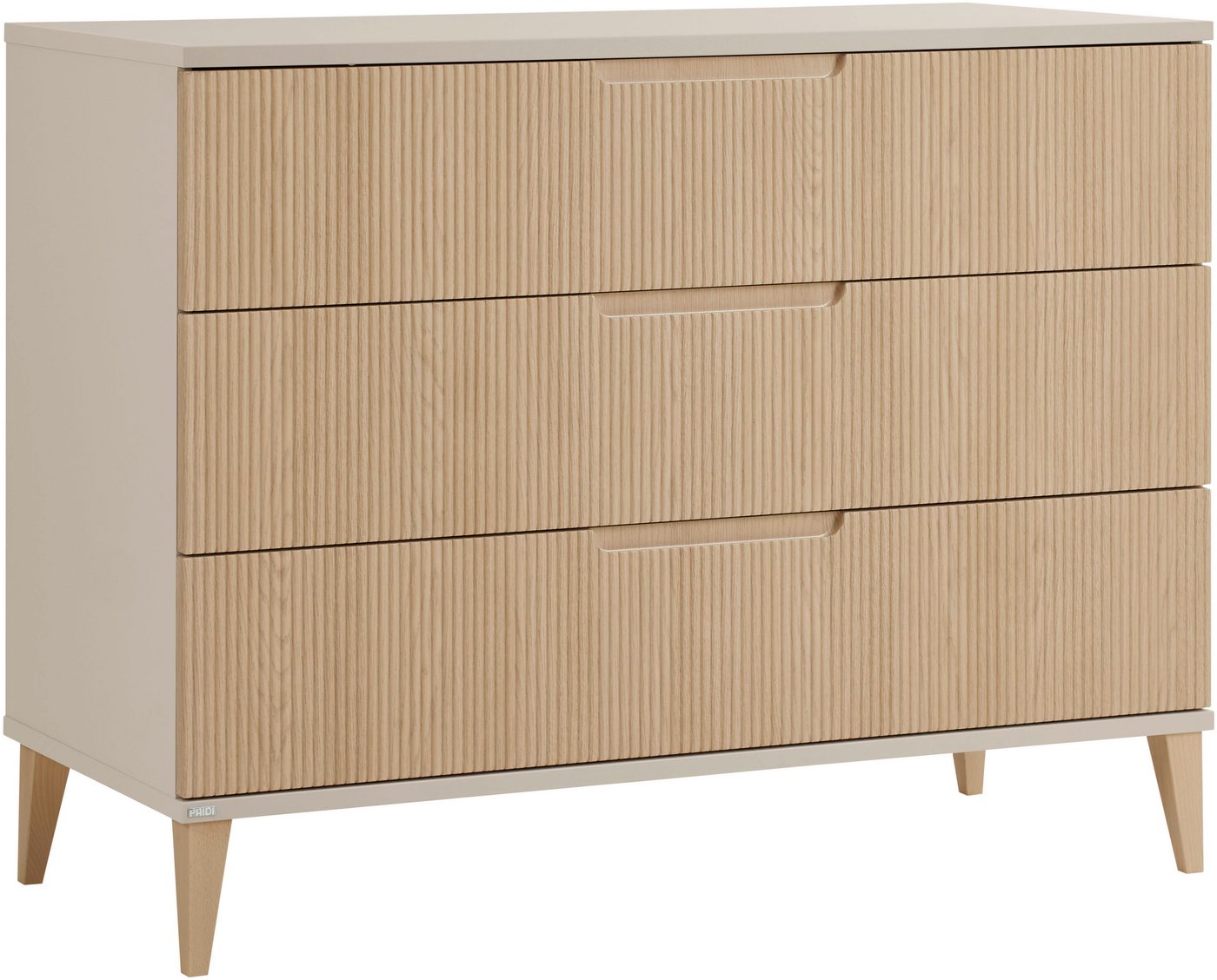 PAIDI Wickelkommode JONTE in Beige & Eichefarben, 3 Schubladen mit Soft-Close, Vollauszug, Kommode 124 cm Breite, Wickeltisch mit Massivholz-Füßen – Bild 2 von 5