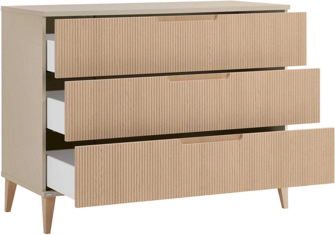 PAIDI Wickelkommode JONTE in Beige & Eichefarben, 3 Schubladen mit Soft-Close, Vollauszug, Kommode 124 cm Breite, Wickeltisch mit Massivholz-Füßen – Bild 3 von 5