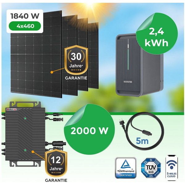 Paket.ag Balkonkraftwerk 1840W mit 2000W Wechselrichter & 2,24kWh Speicher–App, Wlan, (1-St)