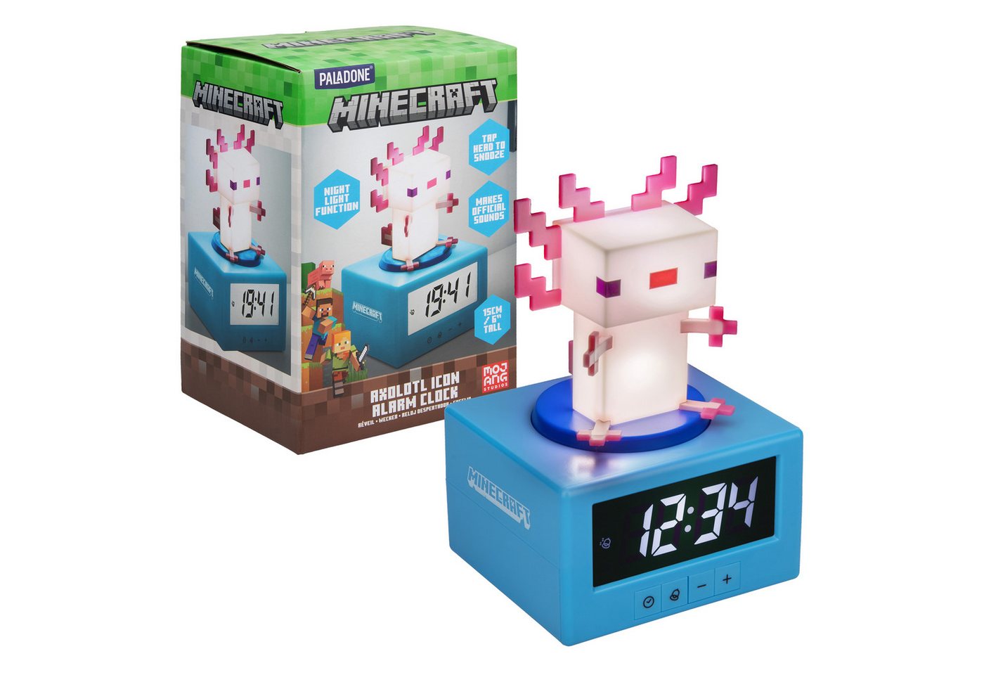 Paladone Kinderwecker Minecraft Axolotl Wecker mit Digitaluhr, Nachtlicht & Snooze-Funktion – Bild 4 von 5
