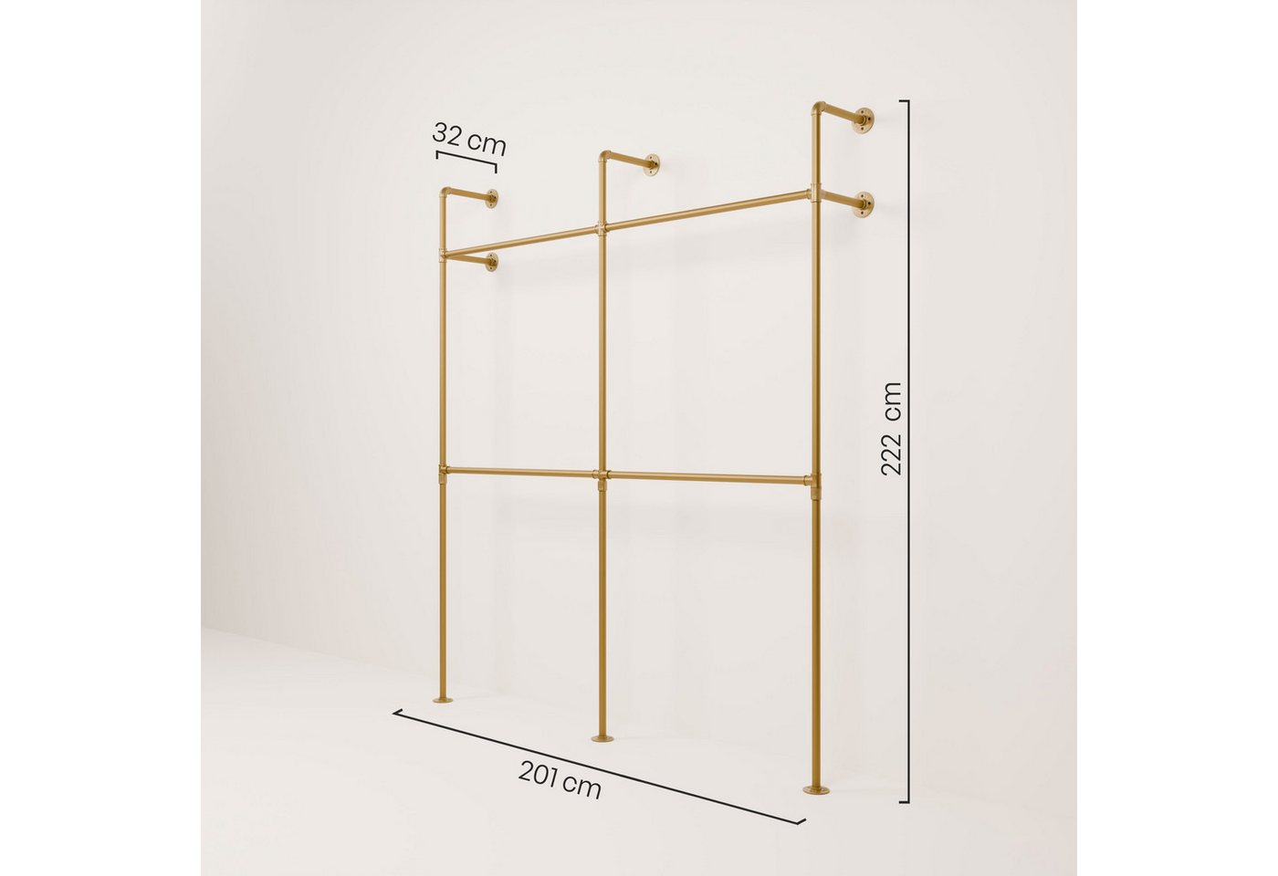 pamo. design Kleiderständer KIM DOUBLE Industrial Kleiderstange zur Wandmontage, Offener Kleiderschrank / Garderobe aus goldenen Wasserrohren – Bild 2 von 5