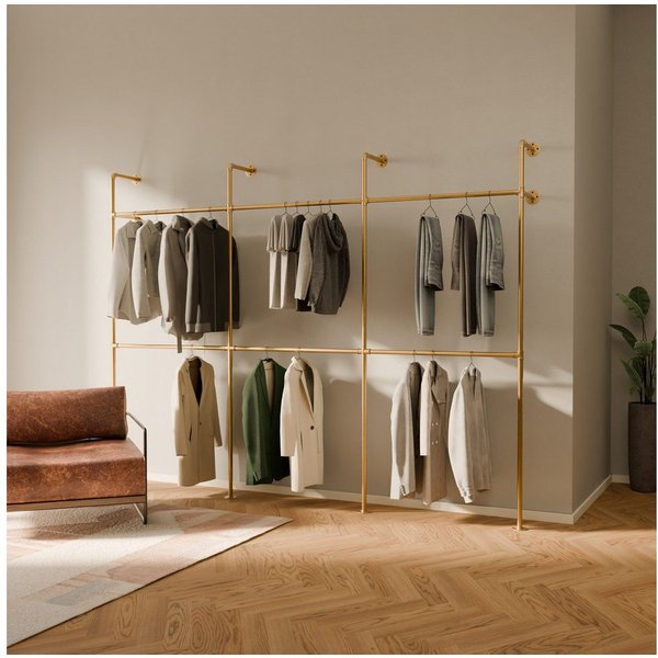 pamo. design Kleiderständer KIM DOUBLE Industrial Kleiderstange zur Wandmontage, (Set, 1), Offener Kleiderschrank / Garderobe aus goldenen Wasserrohren