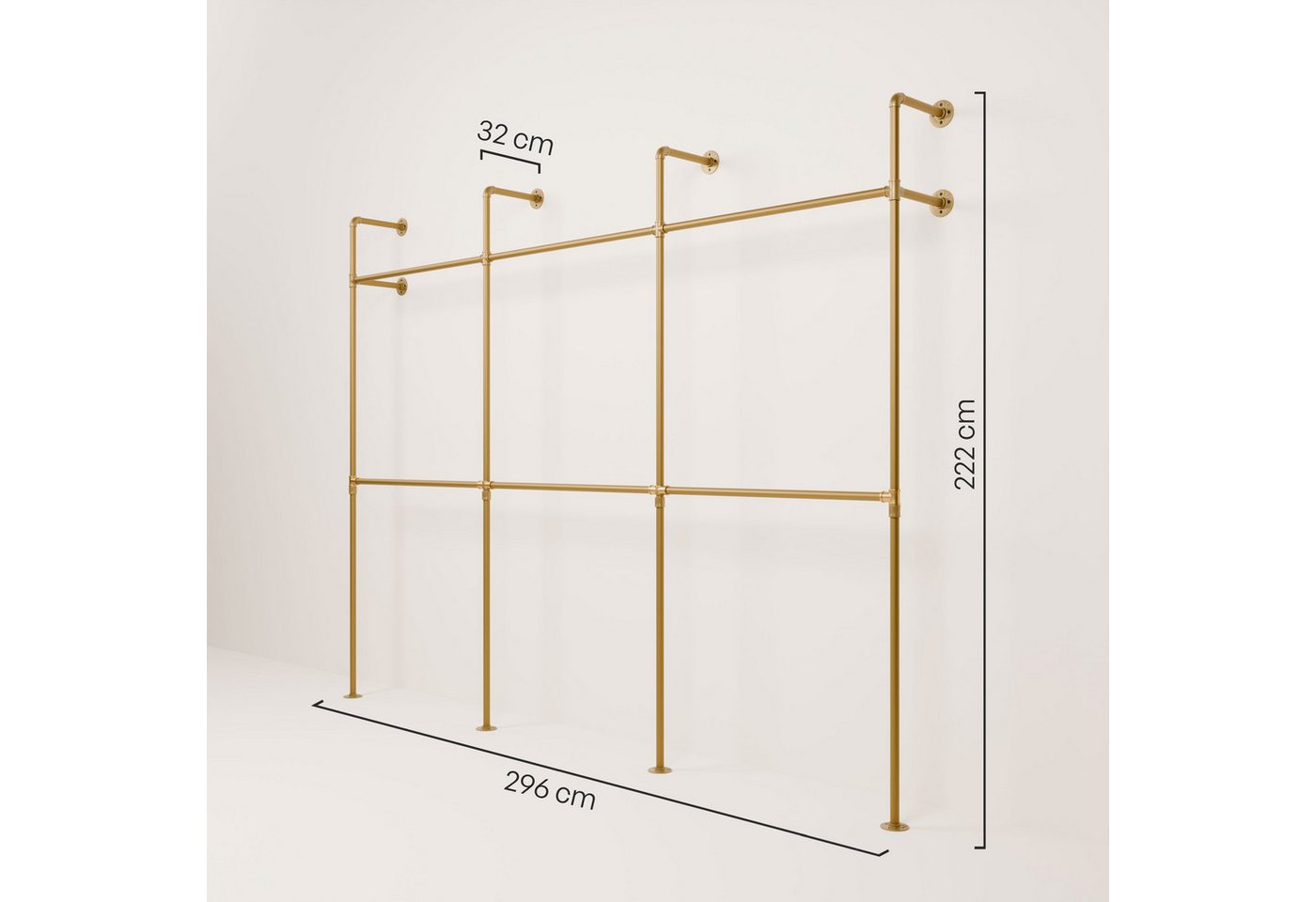 pamo. design Kleiderständer KIM DOUBLE Industrial Kleiderstange zur Wandmontage, (Set, 1), Offener Kleiderschrank / Garderobe aus goldenen Wasserrohren – Bild 2 von 5