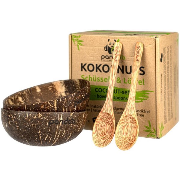 pandoo Schüssel Kokosnuss-Set, 2 Schüsseln und 2 Löffel, 100% Kokosnuss, (Set), Jede Schüssel ein Unikat, inklusive 2 passender Kokosnuss-Löffel