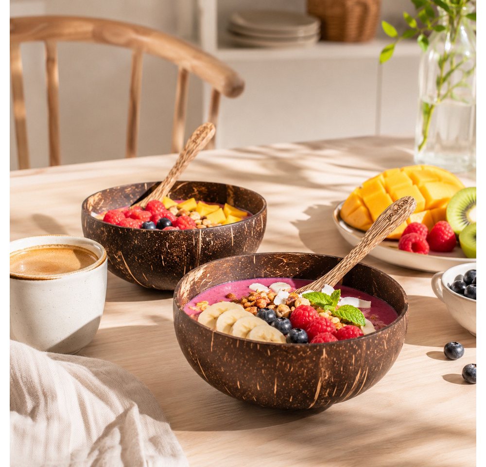pandoo Schüssel Kokosnuss-Set, 2 Schüsseln und 2 Löffel, 100% Kokosnuss, (Set), Jede Schüssel ein Unikat, inklusive 2 passender Kokosnuss-Löffel – Bild 2 von 5