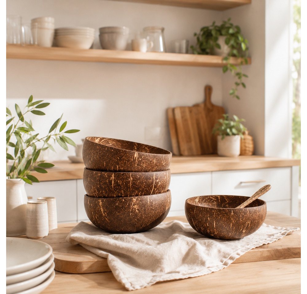 pandoo Schüssel Kokosnuss-Set, 2 Schüsseln und 2 Löffel, 100% Kokosnuss, (Set), Jede Schüssel ein Unikat, inklusive 2 passender Kokosnuss-Löffel – Bild 4 von 5