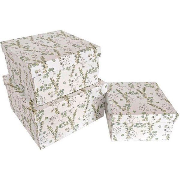 PapeRoom Geschenkbox 3er Set weiß mit Eukalyptusblättern - quadratisch