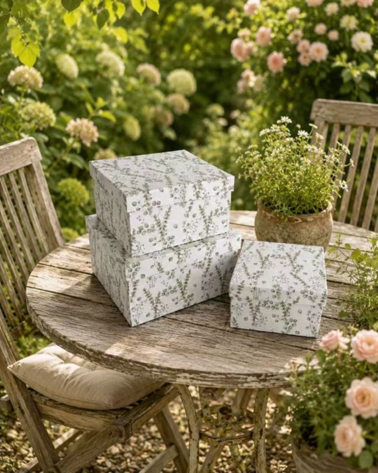 PapeRoom Geschenkbox 3er Set weiß mit Eukalyptusblättern - quadratisch – Bild 2 von 5