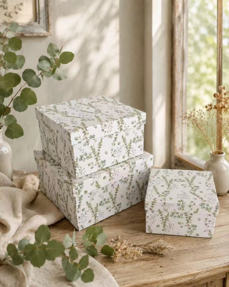 PapeRoom Geschenkbox 3er Set weiß mit Eukalyptusblättern - quadratisch – Bild 3 von 5