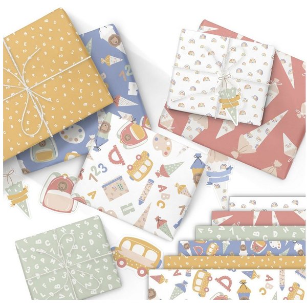 PAPIERDRACHEN Geschenkpapier Geschenkpapier zur Einschulung - verschiedene Motive, doppelseitig bedruckt und Anhänger mit Baumwollschnur