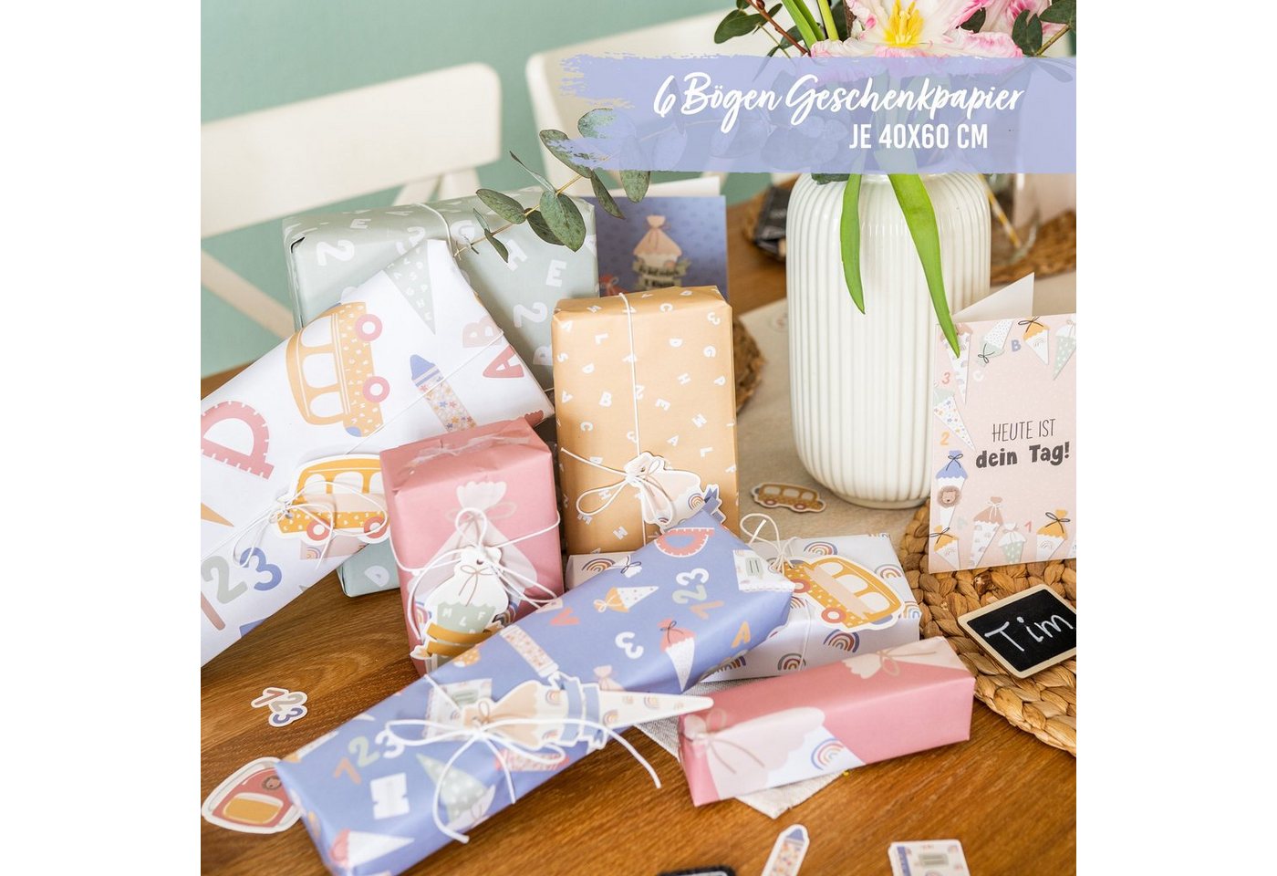 PAPIERDRACHEN Geschenkpapier Geschenkpapier zur Einschulung - verschiedene Motive, doppelseitig bedruckt und Anhänger mit Baumwollschnur – Bild 2 von 5