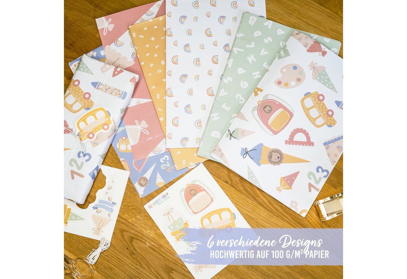 PAPIERDRACHEN Geschenkpapier Geschenkpapier zur Einschulung - verschiedene Motive, doppelseitig bedruckt und Anhänger mit Baumwollschnur – Bild 4 von 5
