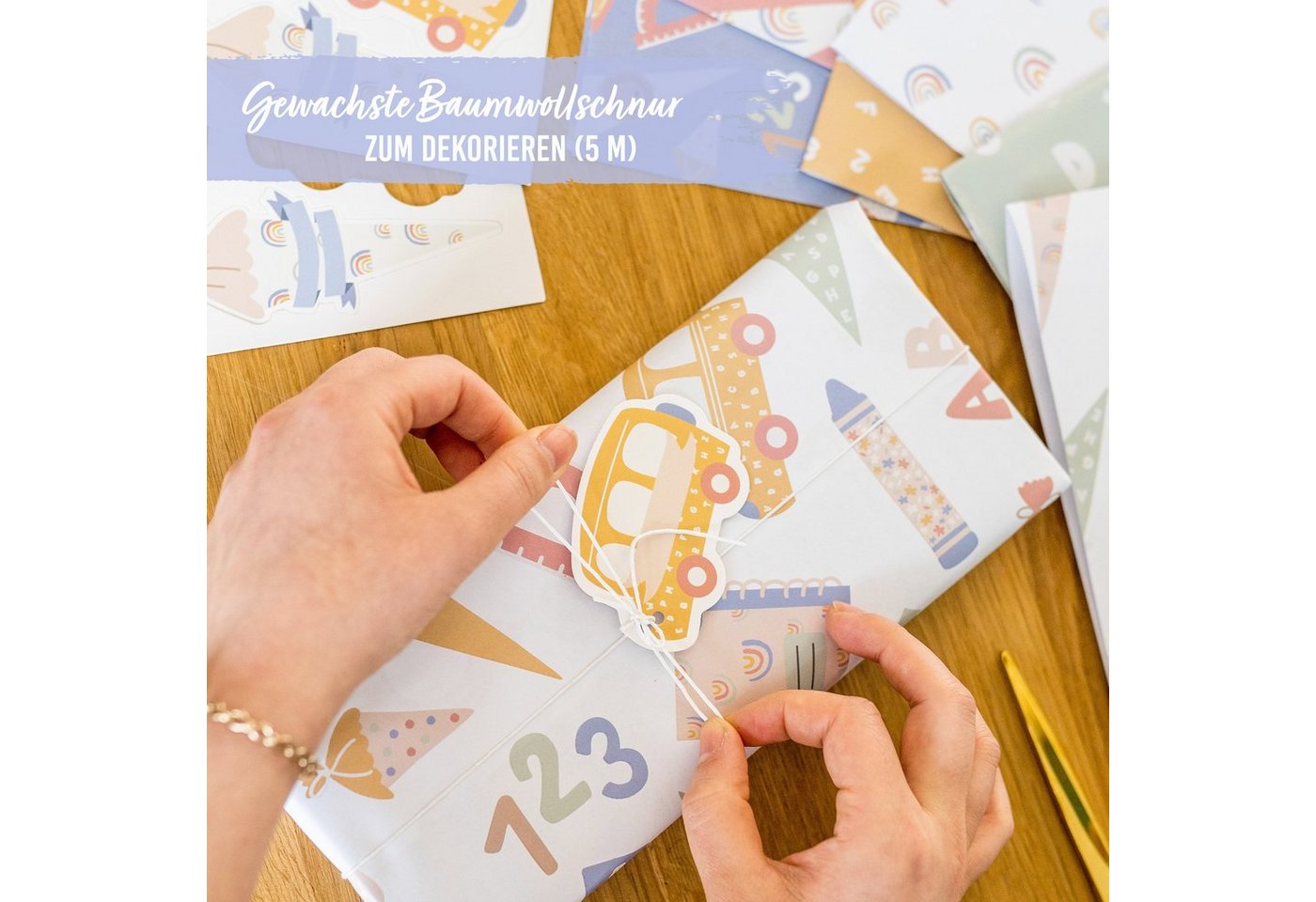 PAPIERDRACHEN Geschenkpapier Geschenkpapier zur Einschulung - verschiedene Motive, doppelseitig bedruckt und Anhänger mit Baumwollschnur – Bild 5 von 5