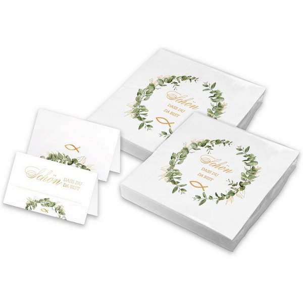 itenga Papierserviette itenga 40x Servietten mit 48x Tischkarten Set - Schön dass du da bist
