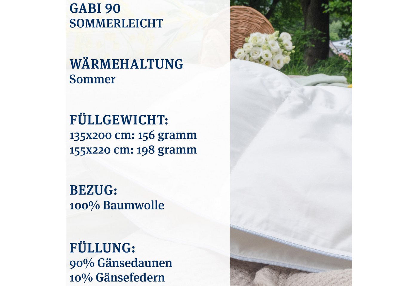 Paradies Gänsedaunenbettdecke Gabi 90, Daunendecke 135x200 cm, 155x220 cm und 200x200 cm, Füllung: 90% Daunen, 10% Federn, Bezug: 100% Baumwolle, leichte Sommer – Bild 4 von 5