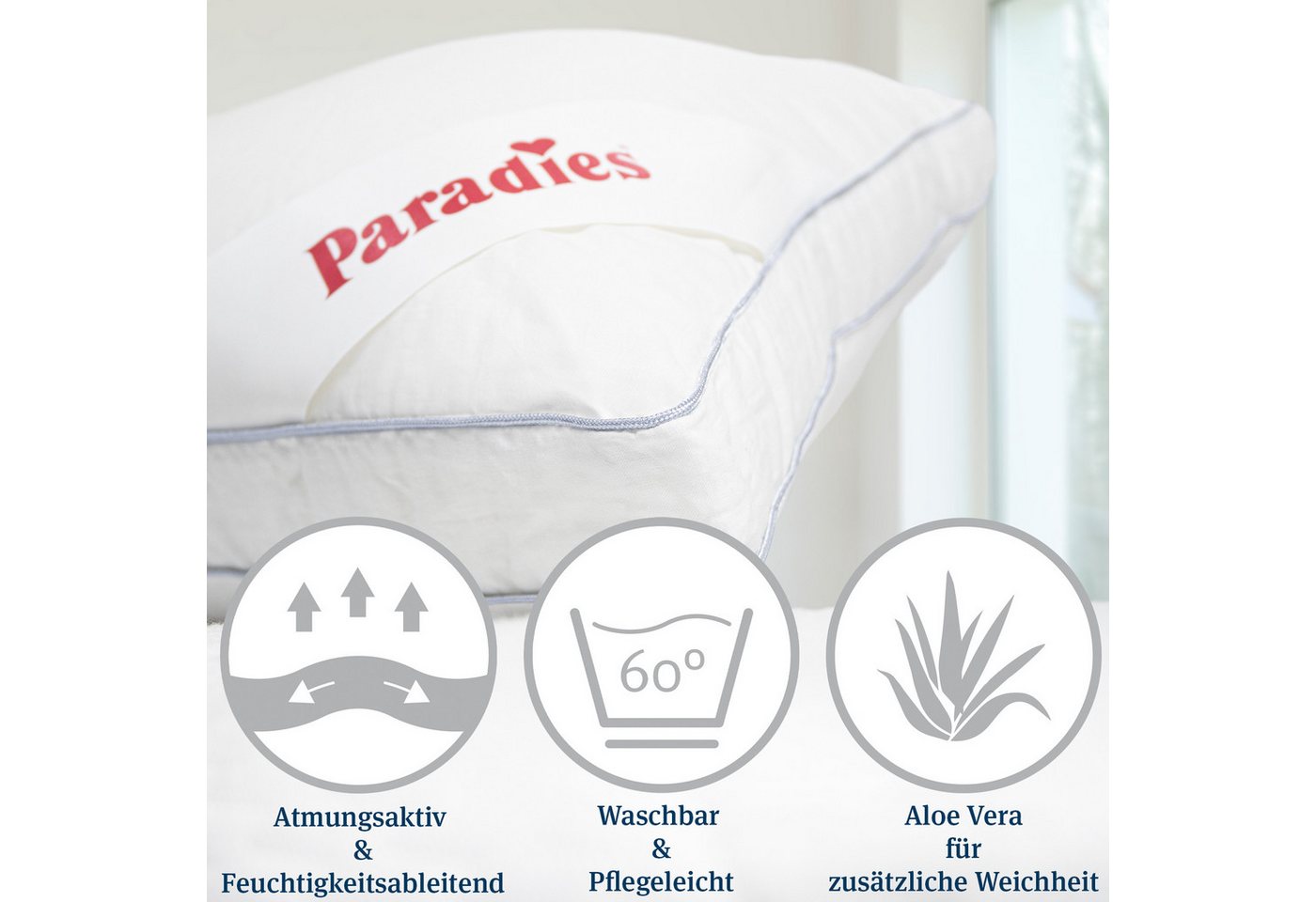 Paradies Kopfkissen Softy Top, Kissen mit Reißverschluss, Füllung: 100% Polyester, Bezug: 100% Baumwolle, Seitenschläfer, Bauchschläfer, Rückenschläfer, Kopfkis – Bild 3 von 5