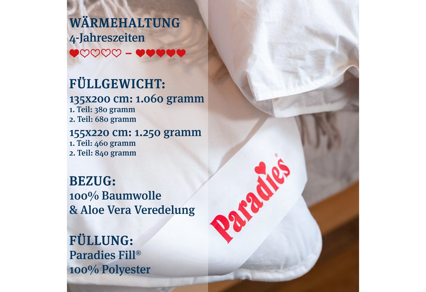Paradies Kunstfaserbettdecke Prima, Bettdecke 135x200 cm, 155x220 cm und 200x200 cm, Füllung: 100% Polyester, Bezug: 100% Baumwolle, 4-Jahreszeitendecke 135 x 2 – Bild 4 von 5