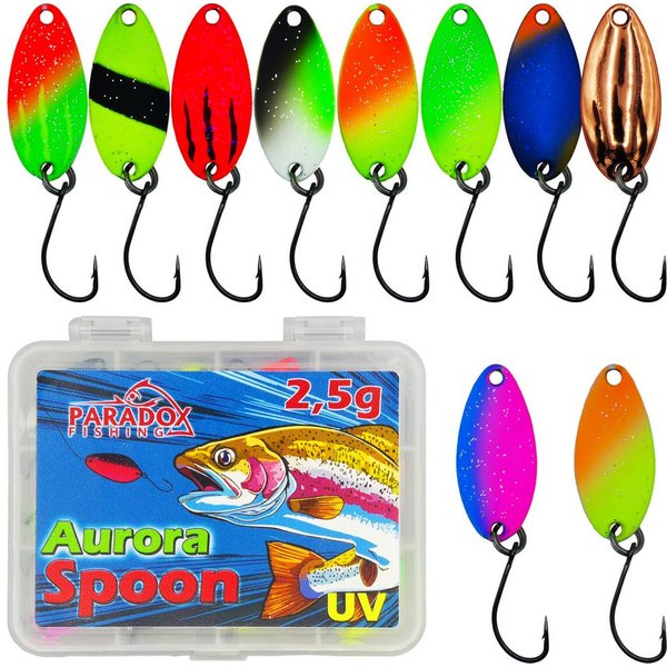 Paradox Fishing Kunstköder Forellen Spoon Sets 2,0g/2,5g/3,0g 10 Stück mit Box, (Forellenköder, Forellenköder), UV-AKTIV, inkl. Snaps