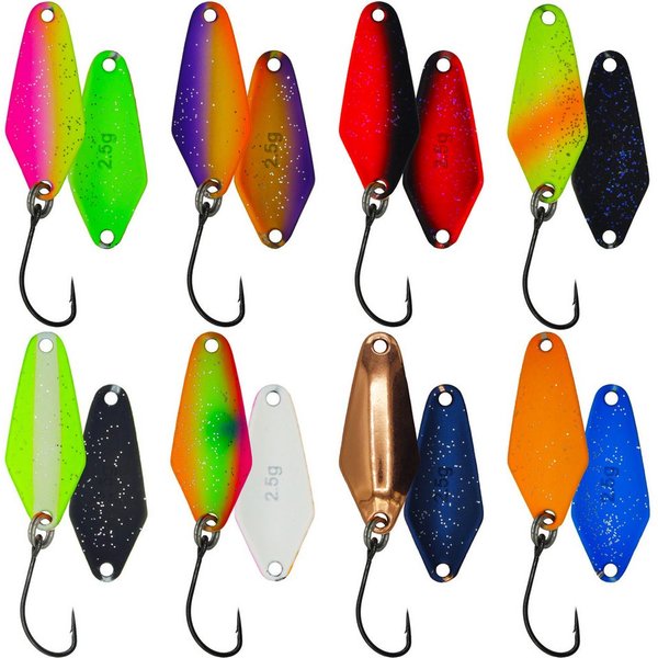 Paradox Fishing Kunstköder Neon Forellen Spoon Set 2,5g 8 Stück, (Forellenköder), UV-Aktiv inkl. Snaps