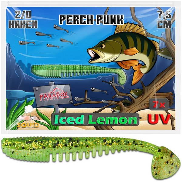 Paradox Fishing Kunstköder Perch Punk 7,5cm Barsch Gummifisch, UV-Aktiv, Squid-Aroma, 7-Stück