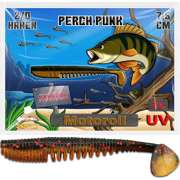 Paradox Fishing Kunstköder Perch Punk 7,5cm Barsch Gummifisch, UV-Aktiv, Squid-Aroma, 7-Stück