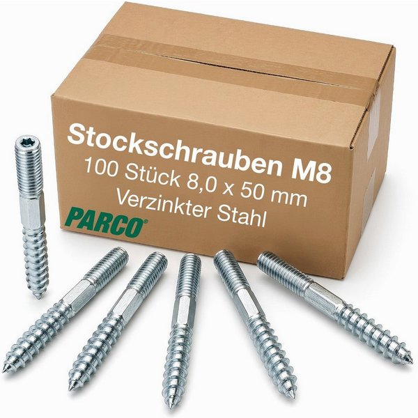 PARCO Stockschraube M8 - TX25, Holzgewinde, Sechskantschaft, 100 St., (100 St), Spitze mit Holzgewinde Sechskantschaft