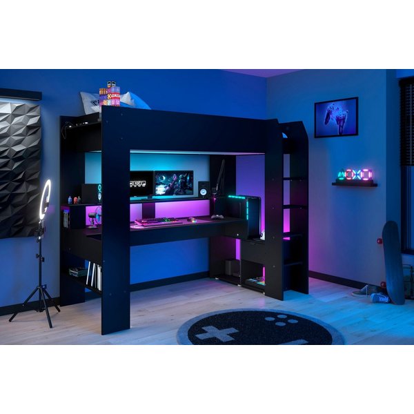 Parisot Hochbett Gaming-Bett, mit Schreibtisch, USB Anschluss, LED, viel Stauraum ideal für kleine Räume, TOPSELLER!
