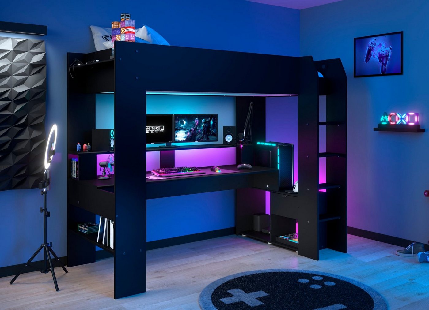 Parisot Hochbett Gaming-Bett, mit Schreibtisch, USB Anschluss, LED, viel Stauraum ideal für kleine Räume, TOPSELLER! – Bild 2 von 5